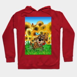 Cute puppy with butterflies in a sunflower field Hoodie